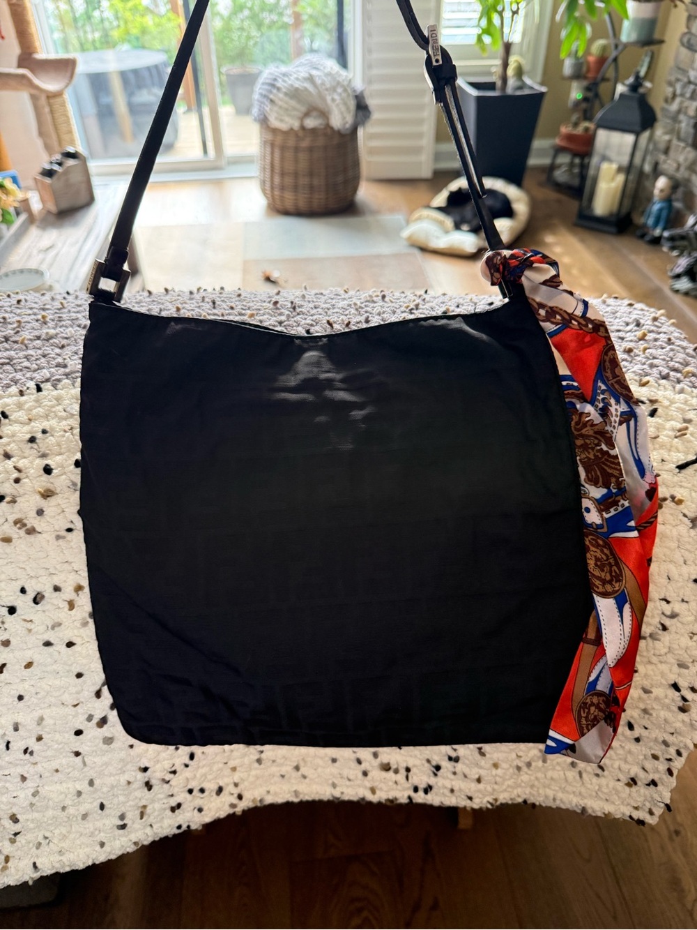 Fendi Black Shoulder Tote with Red/Blue Patterned Scarf Detail